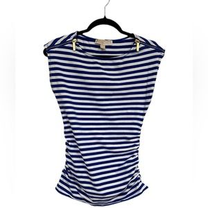 MICHAEL Michael Kors Navy and White Women’s Striped Shirt with Gold Zipper Trim.